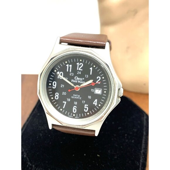 Orvis Field Men's Watch Quartz Black Dial Date Brown Leather Strap 36mm - Picture 1 of 14